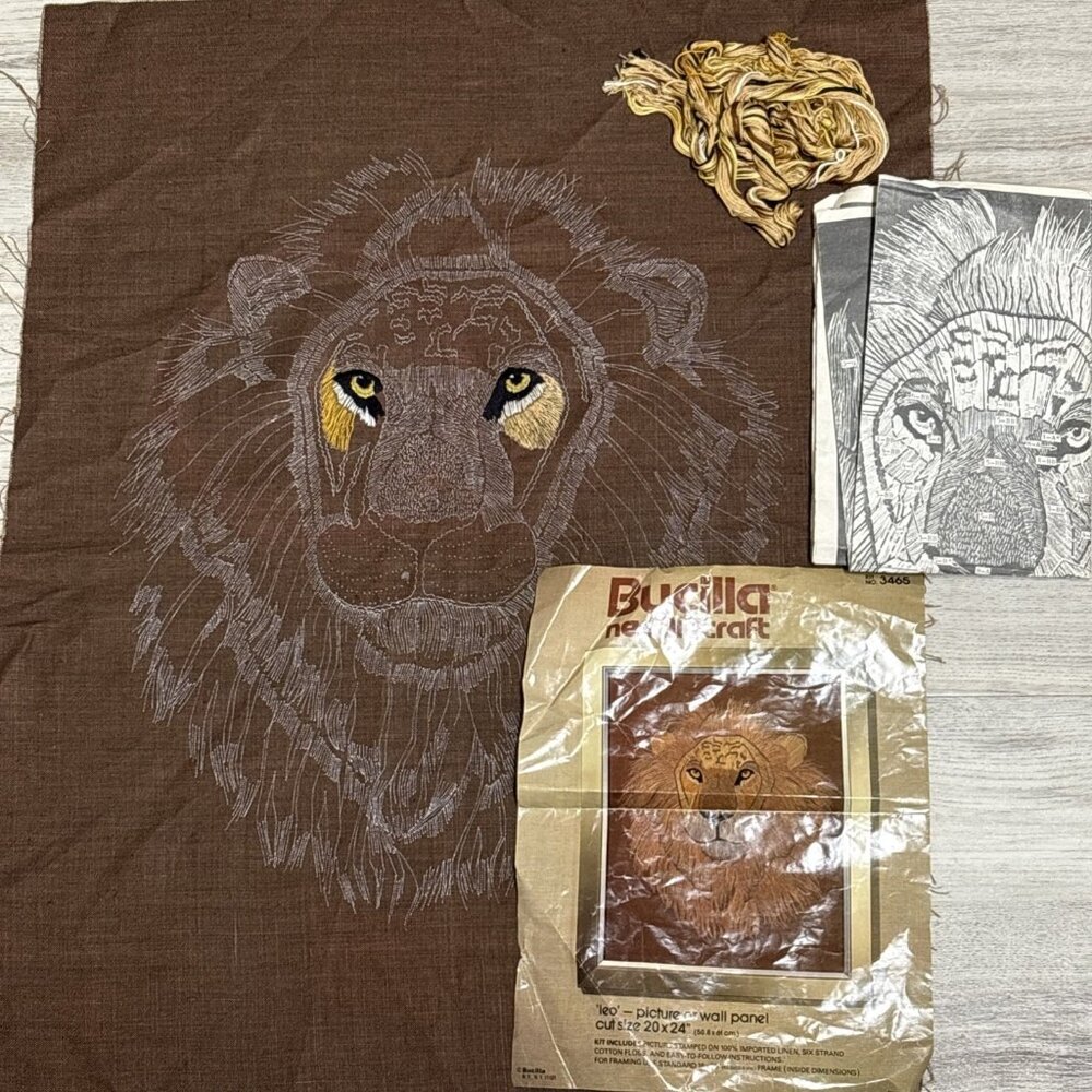 Vtg Bucilla Needlecraft Kit Lion Frameable Art Safari King of the Jungle #3465